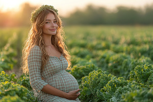 Young pregnant woman in summer dress standing near green field, a Photo by AlyaAnd