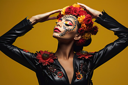Brunette woman with Sugar Skull Face Paint wearing a leather jacket on a colore, a Person Photo by José Manuel Gelpi