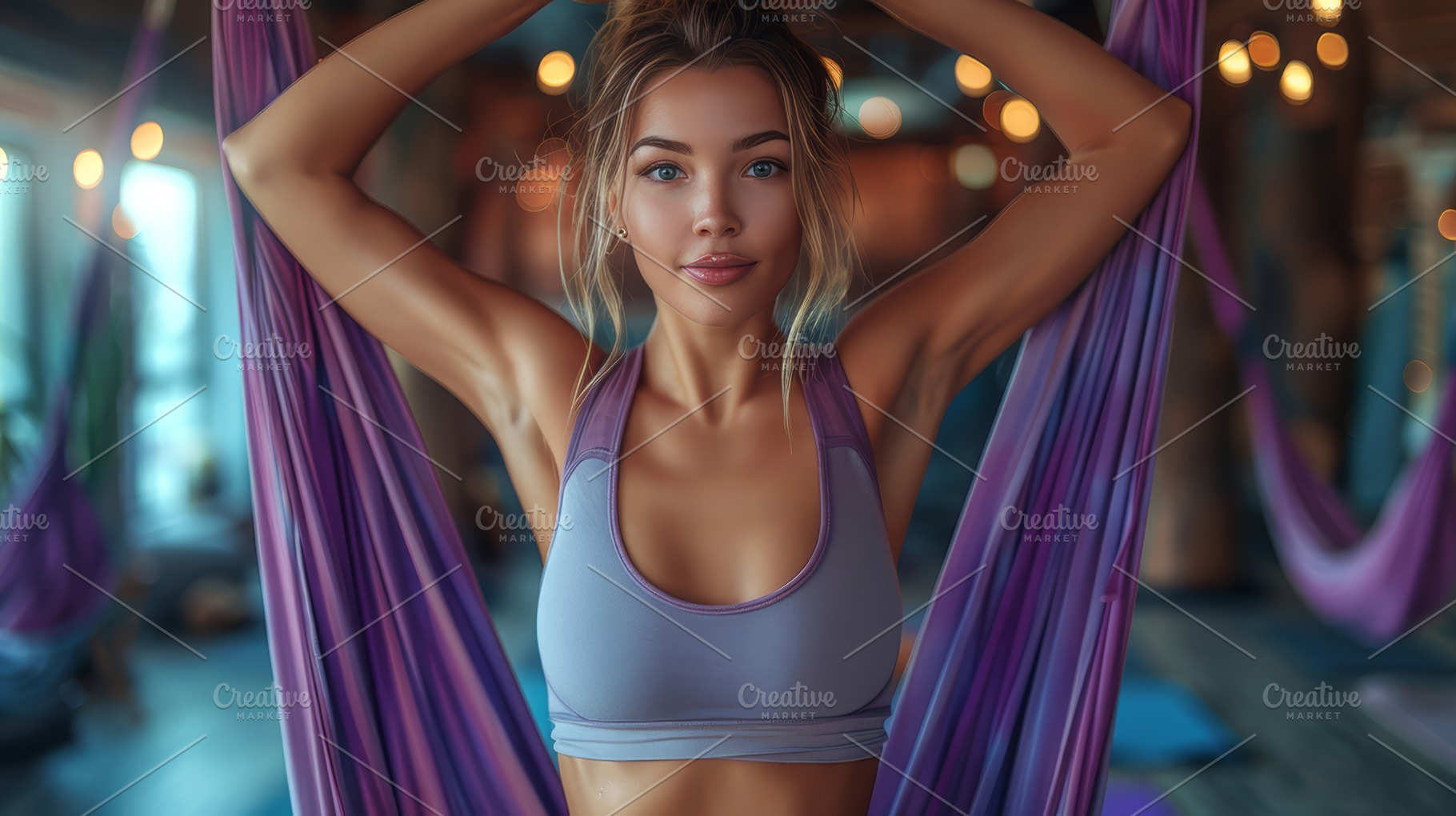 Fit Woman Performing Aerial Yoga Hanging Warrior Pose Indoors, a Photo by AS photostudio