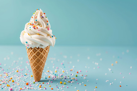 Ice cream with sprinkles in waffle cone on blue background, a Food & Drink Photo by AlyaAnd