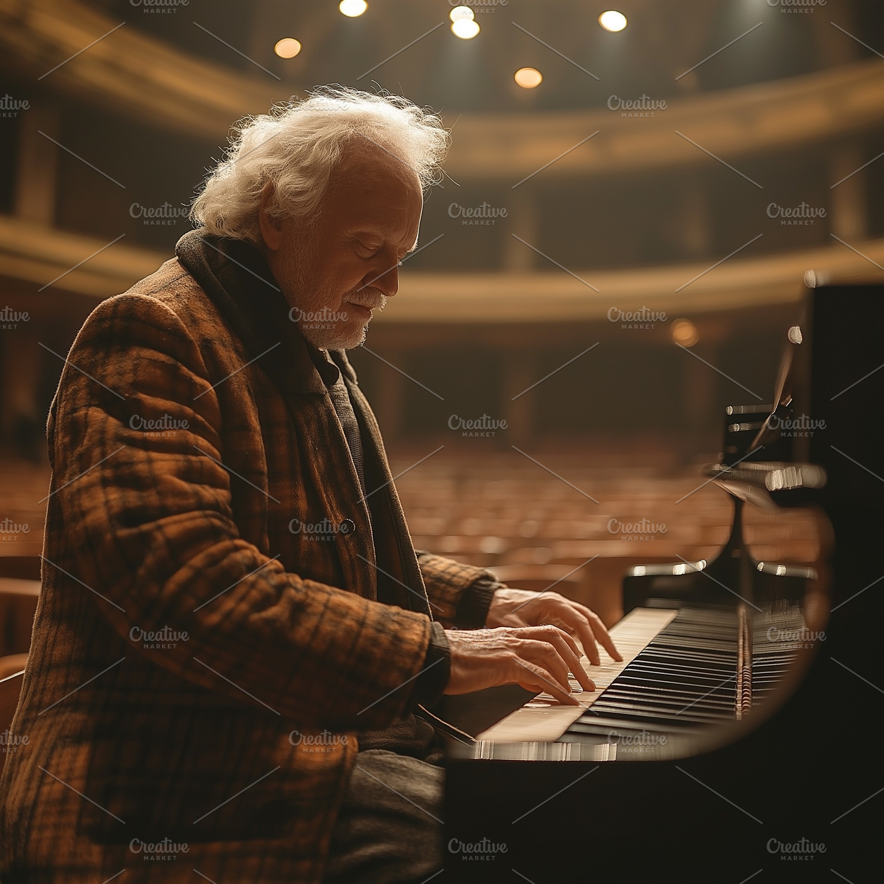 An elderly Caucasian man playing an elegant grand piano in a beautifully lit co, a Background Photo by ImageMir