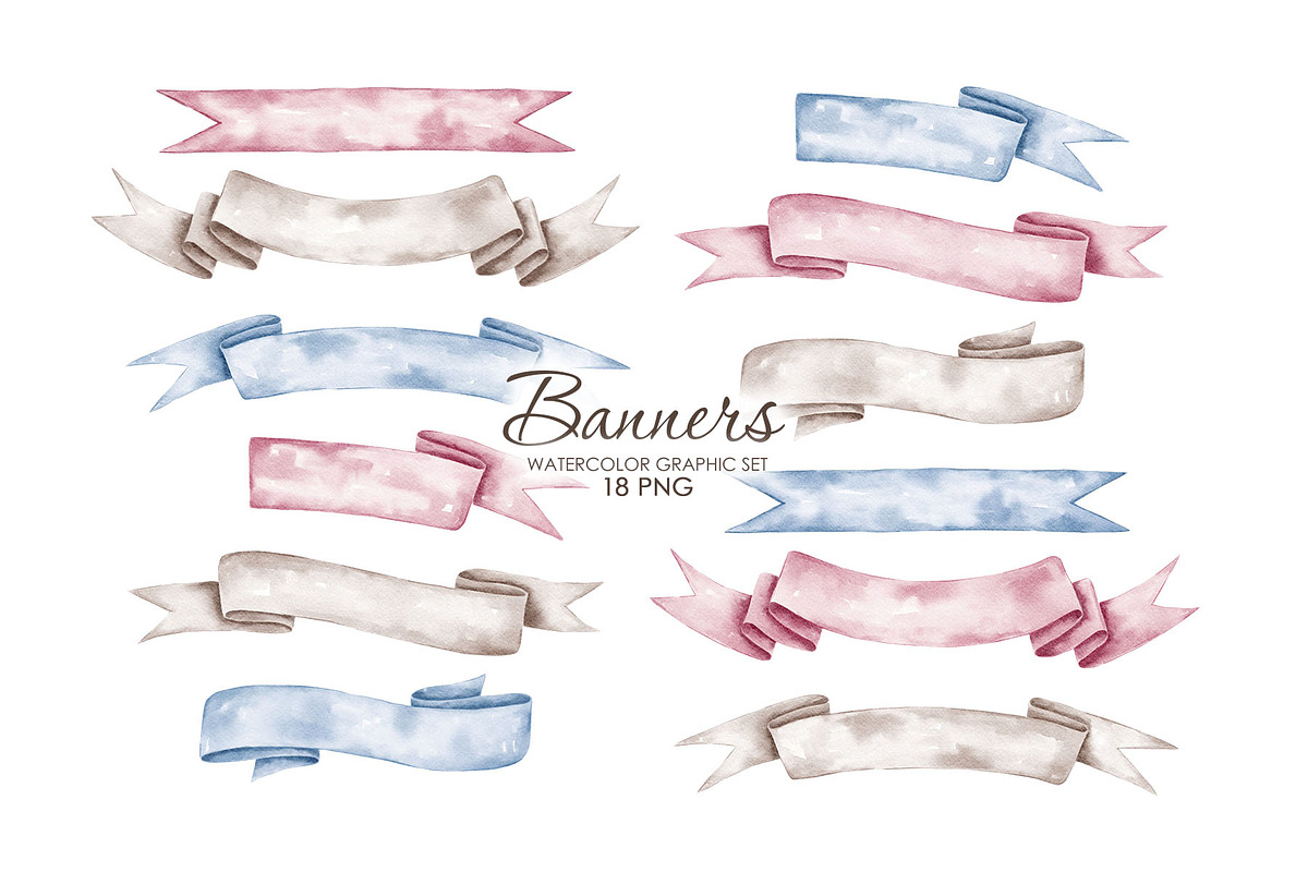 Watercolor ribbon banners clipart, a Decorative Illustration by AquarelleSpace (Photo 1 of 4)