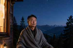 Man stargazing outside cabin at nigh, a Photo by Dvoevnore photos