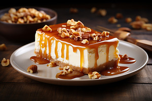Piece of cheesecake with caramel and nuts on wooden table, a Food & Drink Photo by AlyaAnd