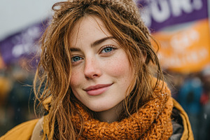 Smiling Young Woman at Outdoor Protest with Colorful Flags and C, a Person Photo by José Manuel Gelpi