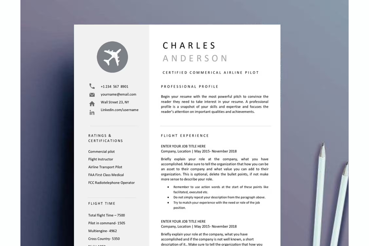 Pilot resume & cover letter template, a Resume Template by Climbwithelevator (Photo 1 of 6)