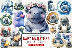 Cute Baby Watercolor Manatees Clipar, an Illustration by RobertsArt
