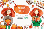 Autumn Girl watercolor clipart set, an Illustration by Ekaterina Goncharova (Thumbnail 1 of 4)