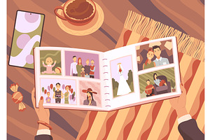 Family photo album on table. Woman, a Person Illustration by the8monkey