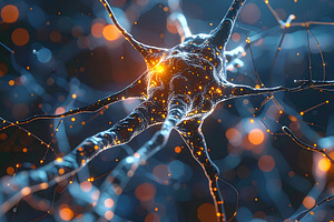 Neural network of interconnected neurons glowing with orange spa, a Health & Medical Photo by GoodGoods