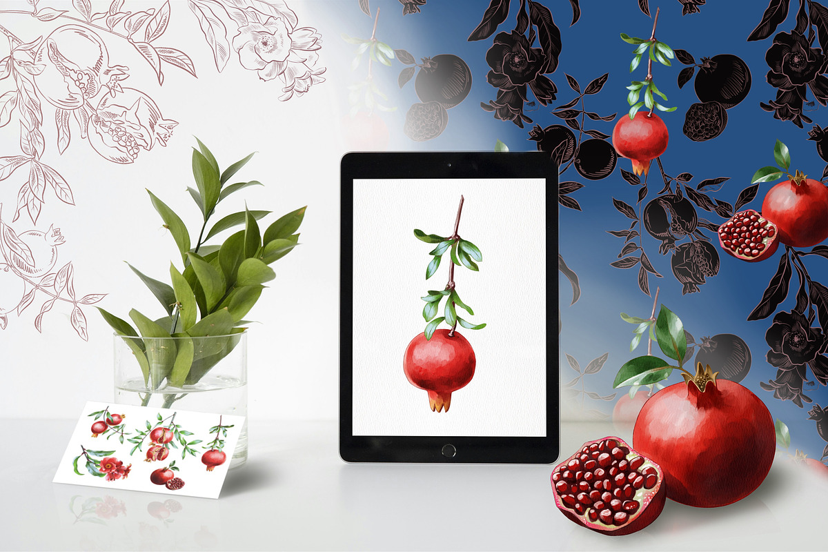 Pomegranate Watercolor Patterns, an Illustration by IrynaPanashii (Photo 5 of 12)