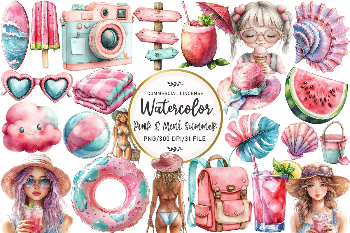 Pink & Mint Summer Clipart, an Illustration by OK Design (Photo 1 of 5)