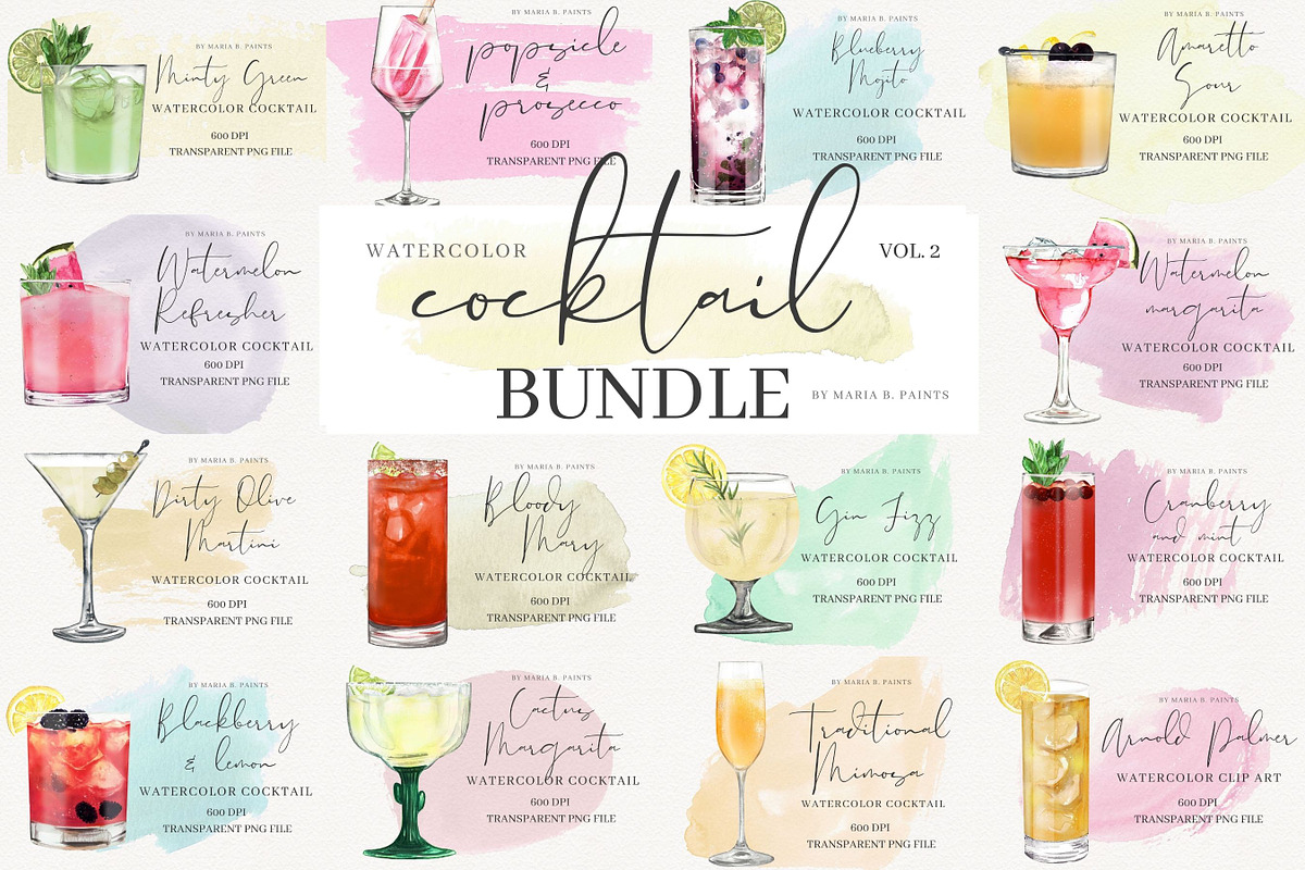 Watercolor Cocktail Drinks Bundle, a Food Illustration by Maria B. Paints (Photo 2 of 5)