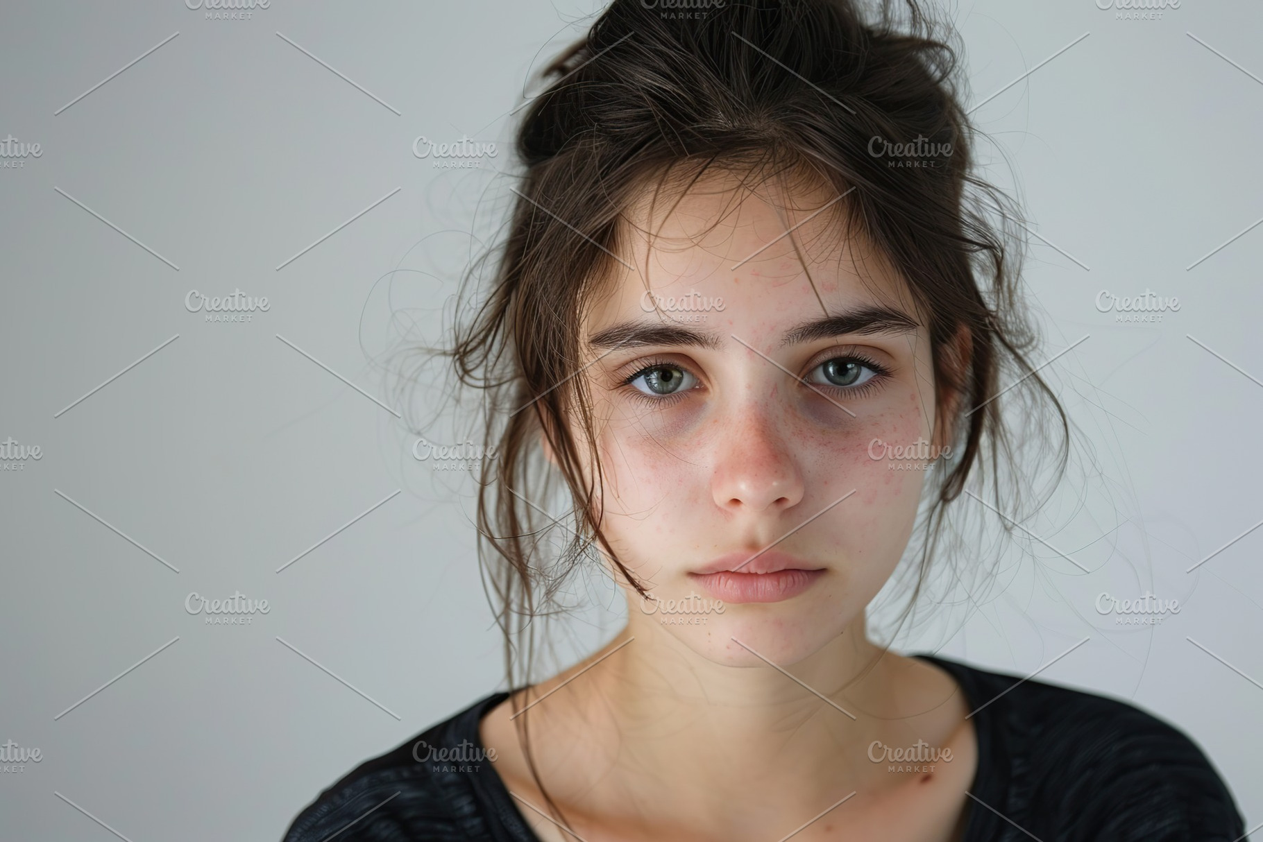 Portrait of young woman with depressive state on grey background, a Person Photo by AlyaAnd
