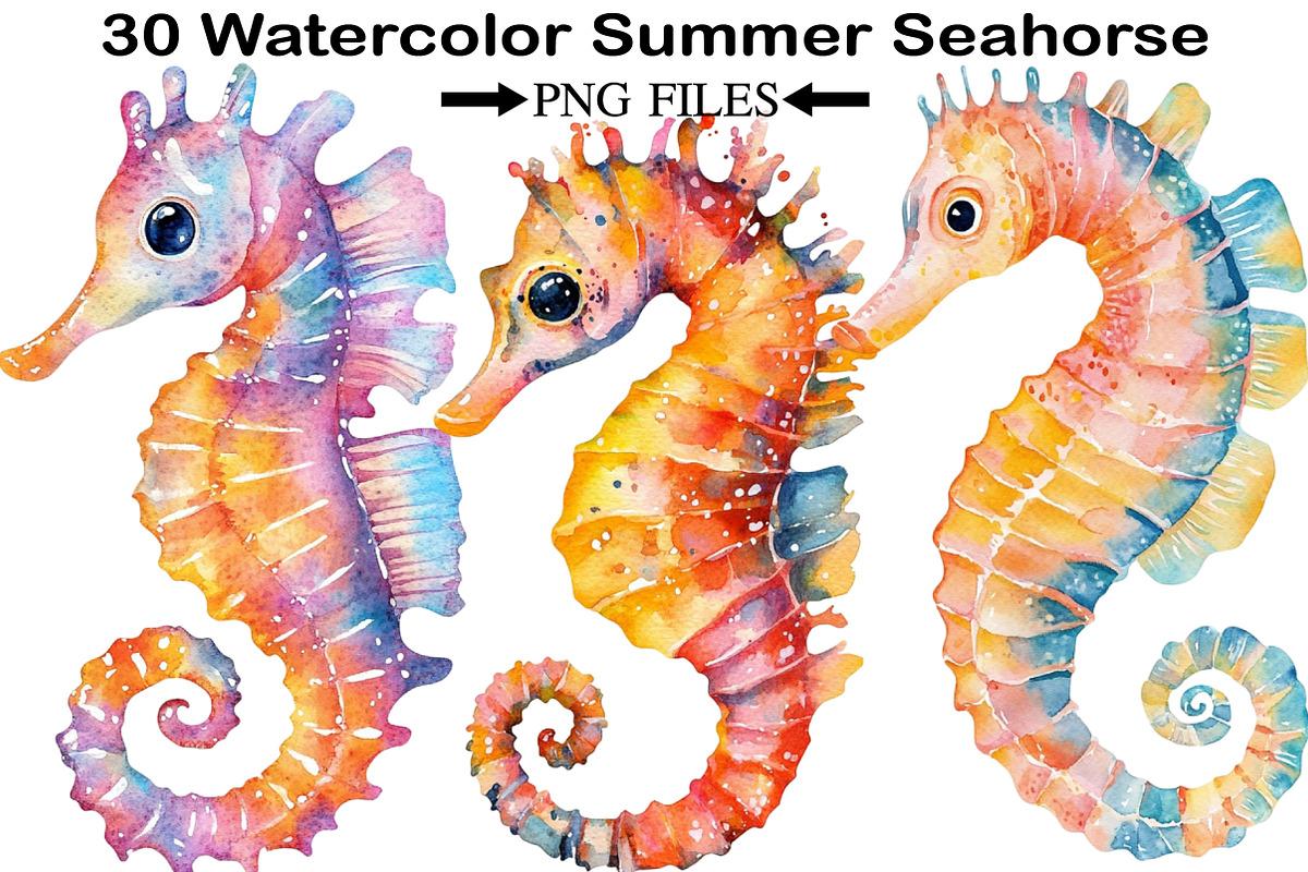 Watercolor Summer Seahorse Clipart, an Illustration by Black Bird Studio (Photo 1 of 5)
