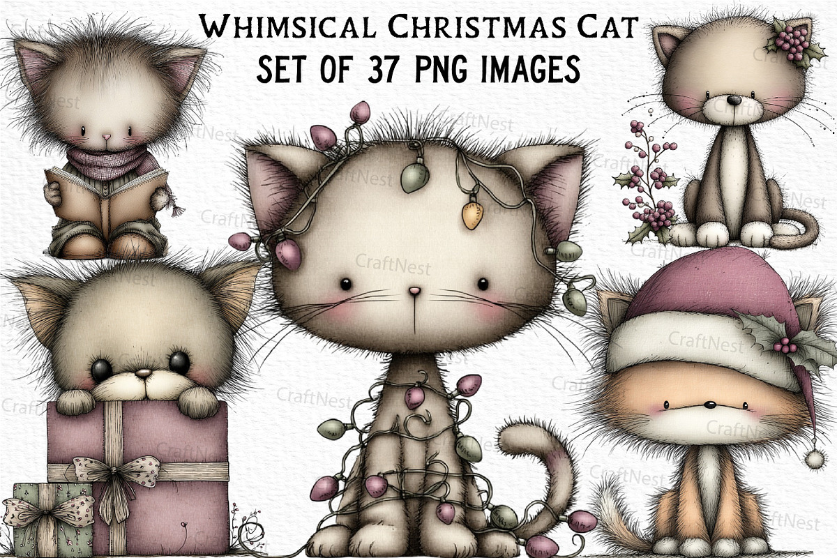 Whimsical Christmas Cat Clipart, an Illustration by Craft Nest (Photo 1 of 6)