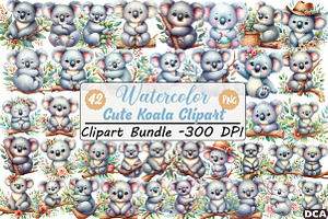 Cute Watercolor Koala Clipart, an Illustration by DreamCafeArt