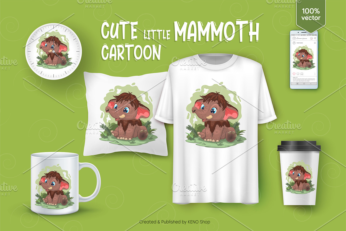 Cute cartoon mammoth. Tshirt, PNG., an Animal Illustration by KENO Mascots (Photo 3 of 3)