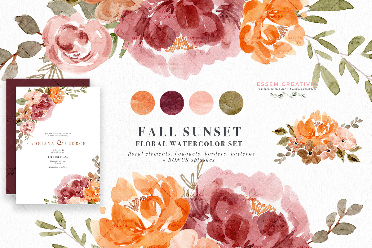 Orange Pink Fall Watercolor Flowers, an Illustration by Essem Creatives (Photo 1 of 12)