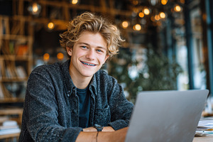 Smiling Teenager Working on Laptop i, a Photo by Pixeness Studio