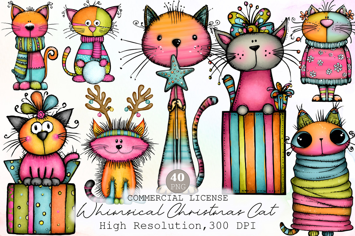 Whimsical Christmas Cat Clipart, an Illustration by Sublimation Artist (Photo 1 of 6)