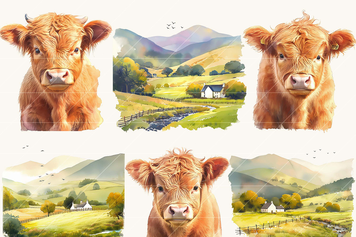 Watercolor Highland Cows Clipart, an Animal Illustration by BusyDaydesign (Photo 2 of 8)