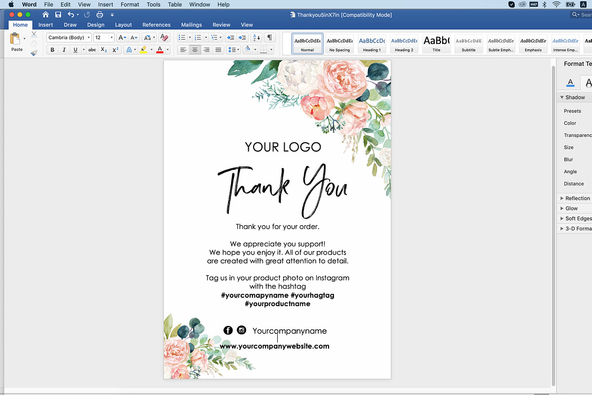 Watercolour Thank You Card ID12, a Card Template by AIW SOLUTIONS (Photo 3 of 3)