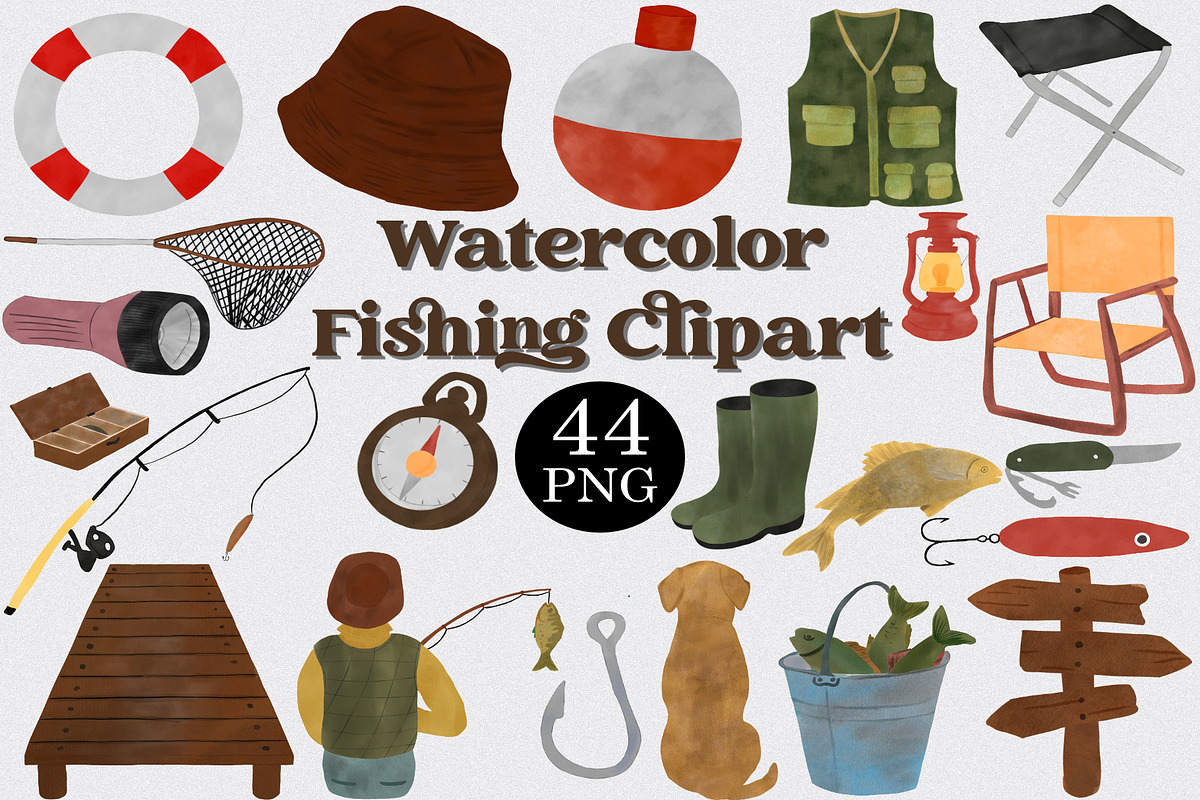 Watercolor Fishing Clipart Set, an Illustration by CropUp Creative (Photo 1 of 4)