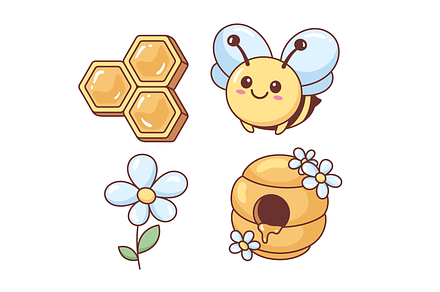 Bee, flower, honeycomb and beehive