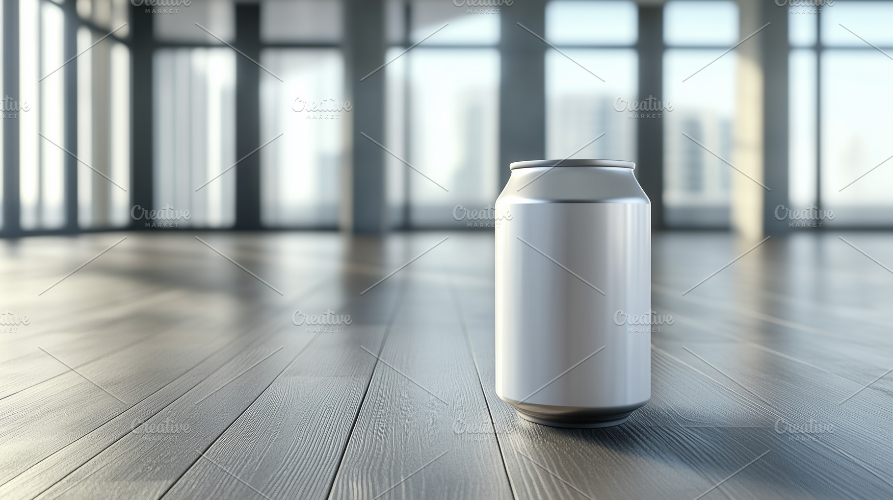 Aluminum can mockup on a sleek floor, a Food & Drink Photo by MistyDay