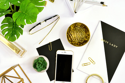 Black white succulent desk flat lay stock photo containing styled stock photo, a Business Photo by Pixistock
