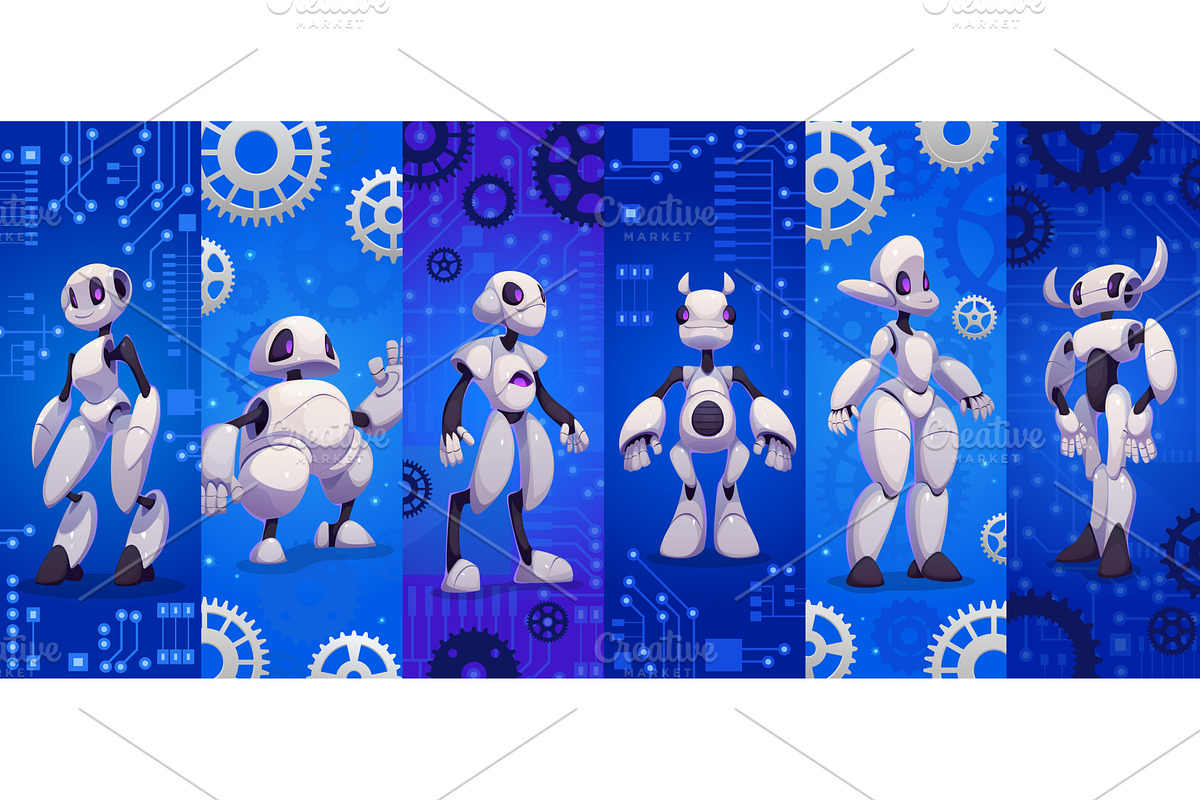 Cartoon futuristic robot droids, a Technology Illustration by Vector Tradition