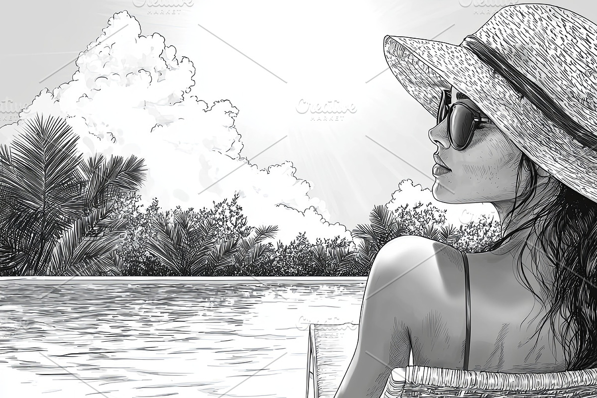 Woman relaxing by pool with sunhat in tranquil tropical landscape, an Illustration by AS photostudio