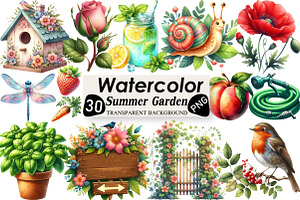 Summer Garden Watercolor Clipart, an Illustration by Black Bird Studio