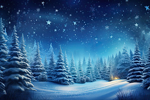 Winter Forest With Snow, Sky And Stars At Night