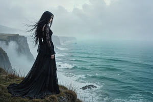 beautiful young goth woman looking at the sea AI generated, a Photo by WorldOfPhotos