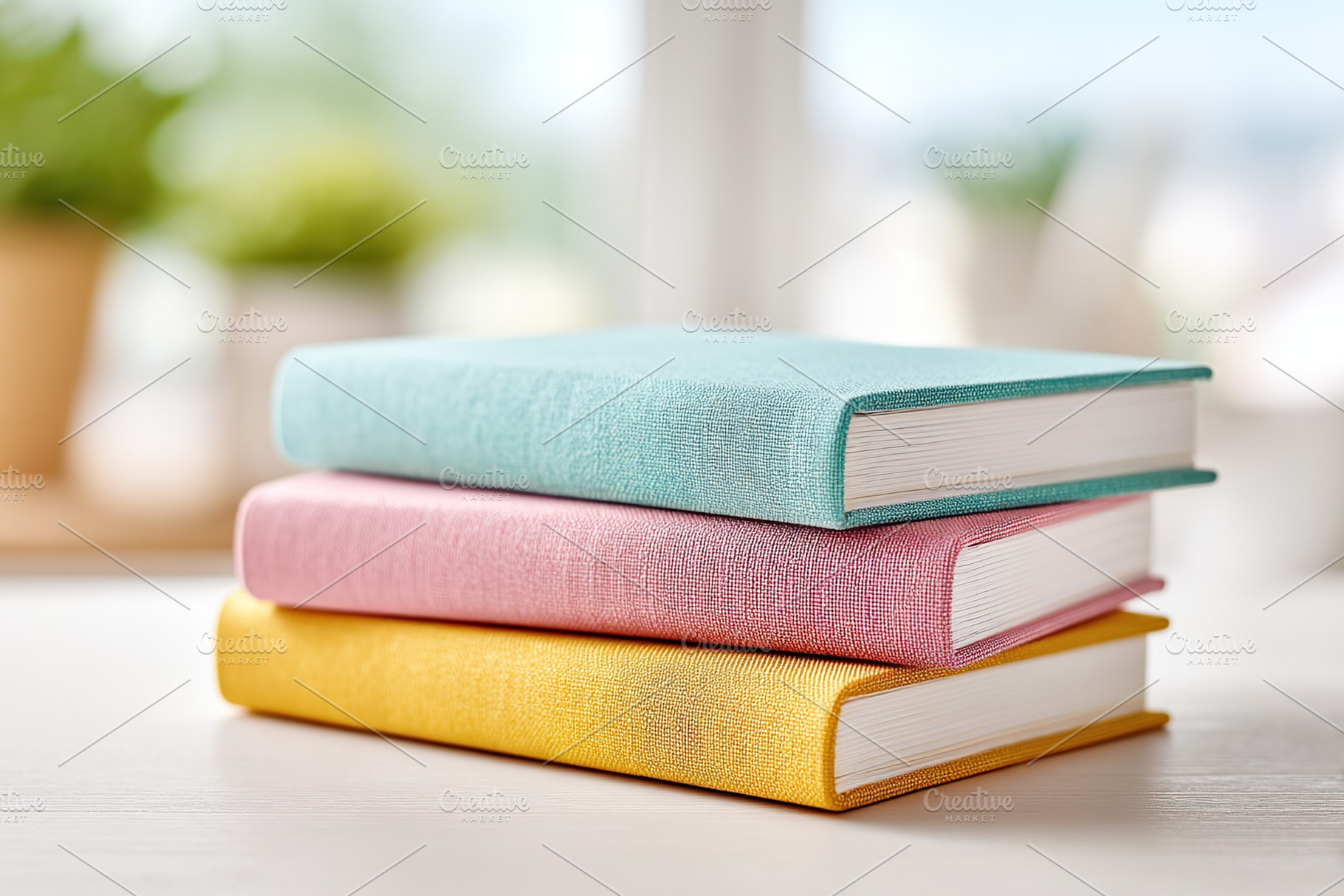 Colorful stacked books on a table with soft background and plants in morning li, a Photo by AlyaAnd