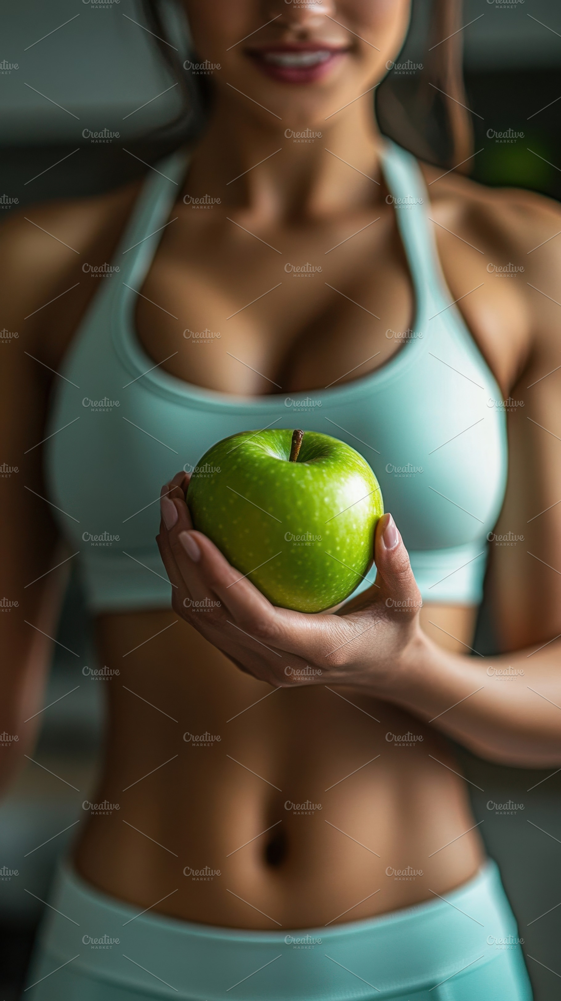 Woman holds green apple in gym, a Photo by Beautiful things