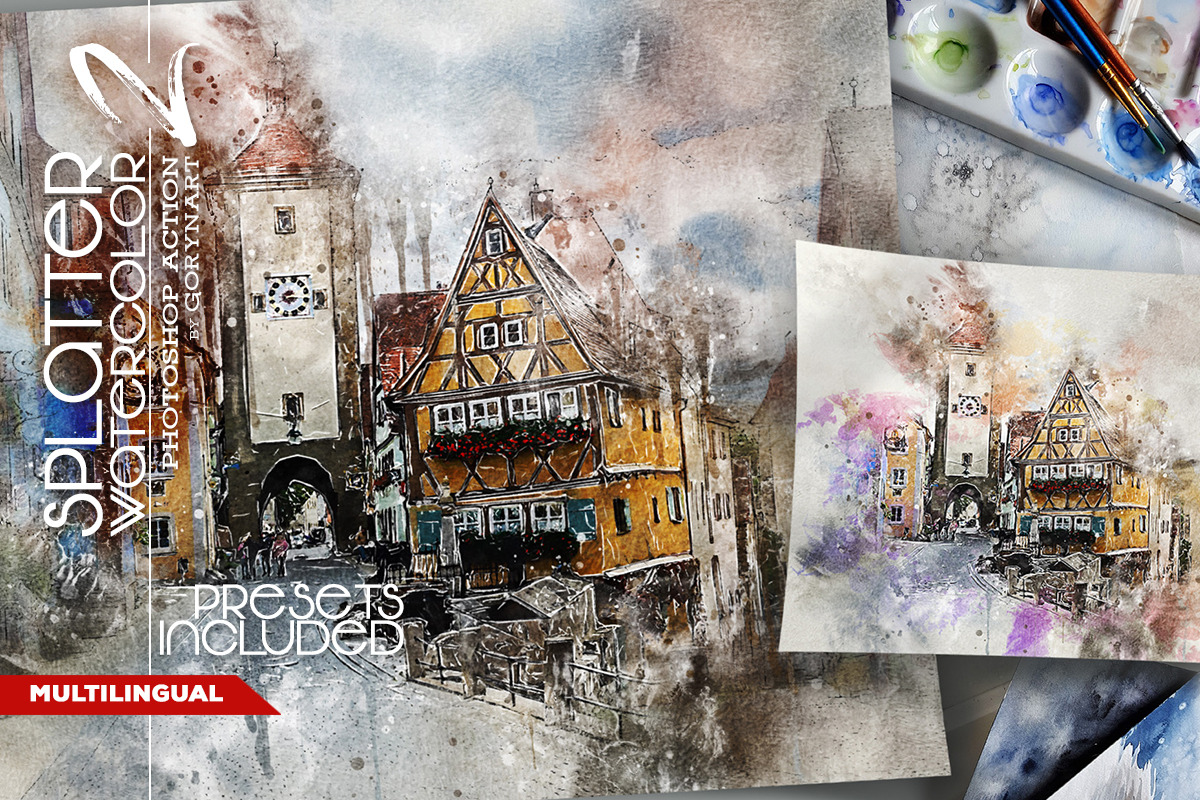 SplatterWatercolor2 Photoshop Action, an Action Add-On by GorynArt (Photo 1 of 27)