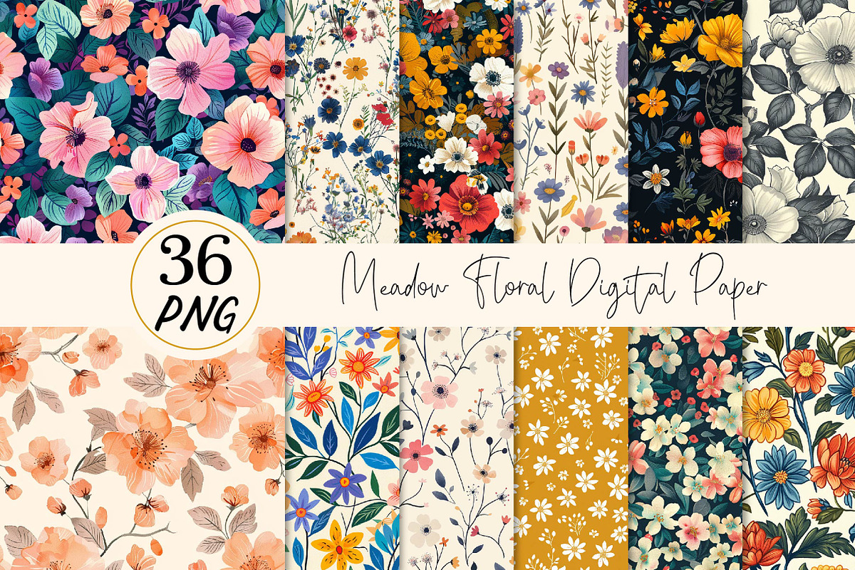 Meadow Floral Digital Paper, a Texture Illustration by DreamPrint404 (Photo 1 of 7)