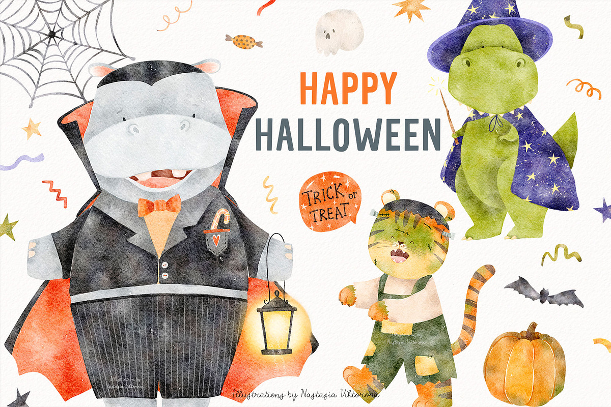 Cute animal Halloween clipart, an Animal Illustration by Watercolor Nastasia Art (Photo 1 of 7)