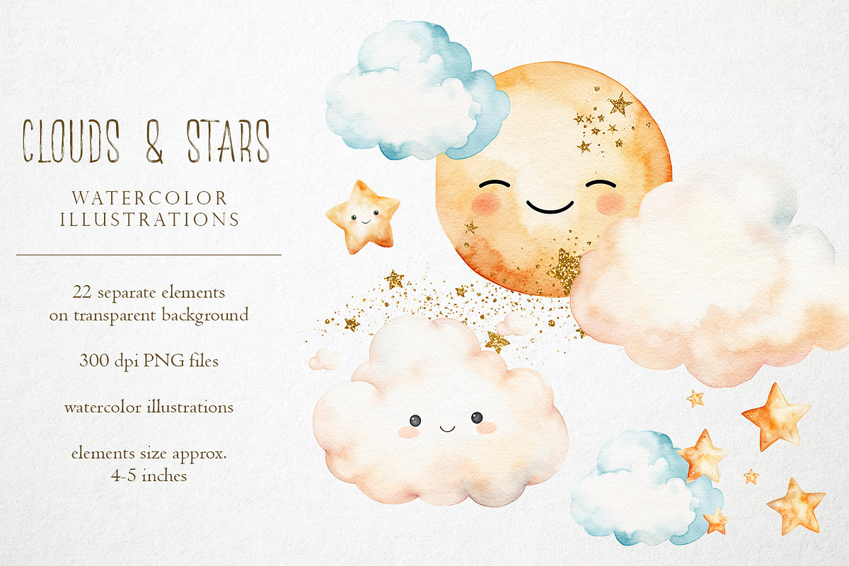 Watercolor moon stars & clouds, PNG, an Object Illustration by PixelJungle (Photo 2 of 4)