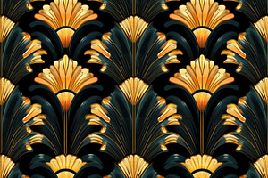 Seamless art deco pattern featuring elegant golden fan shapes on a dark backgro, a Pattern Graphic by Textures & Backgrounds