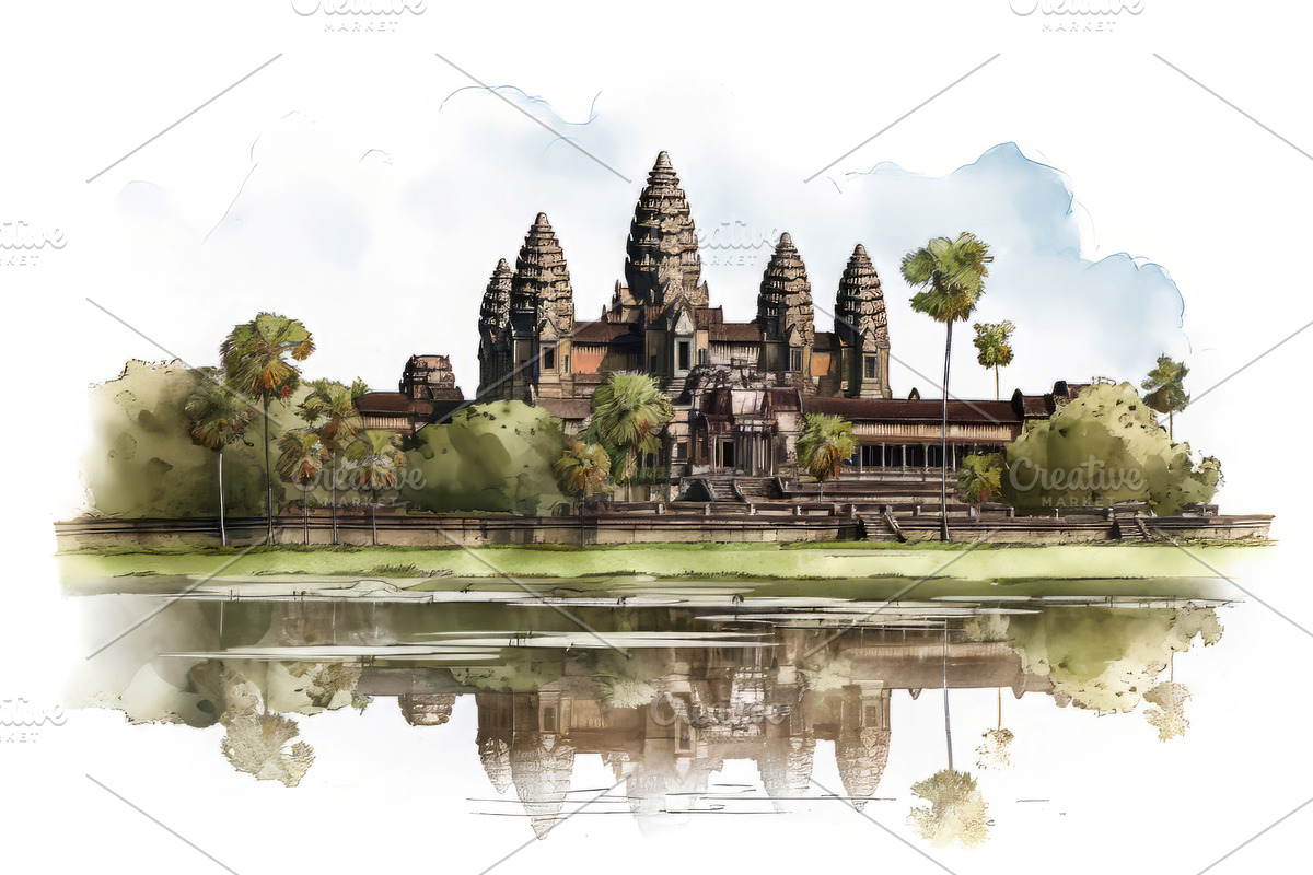 Angkor wat temple illustration, an Object Illustration by Ylivdesign