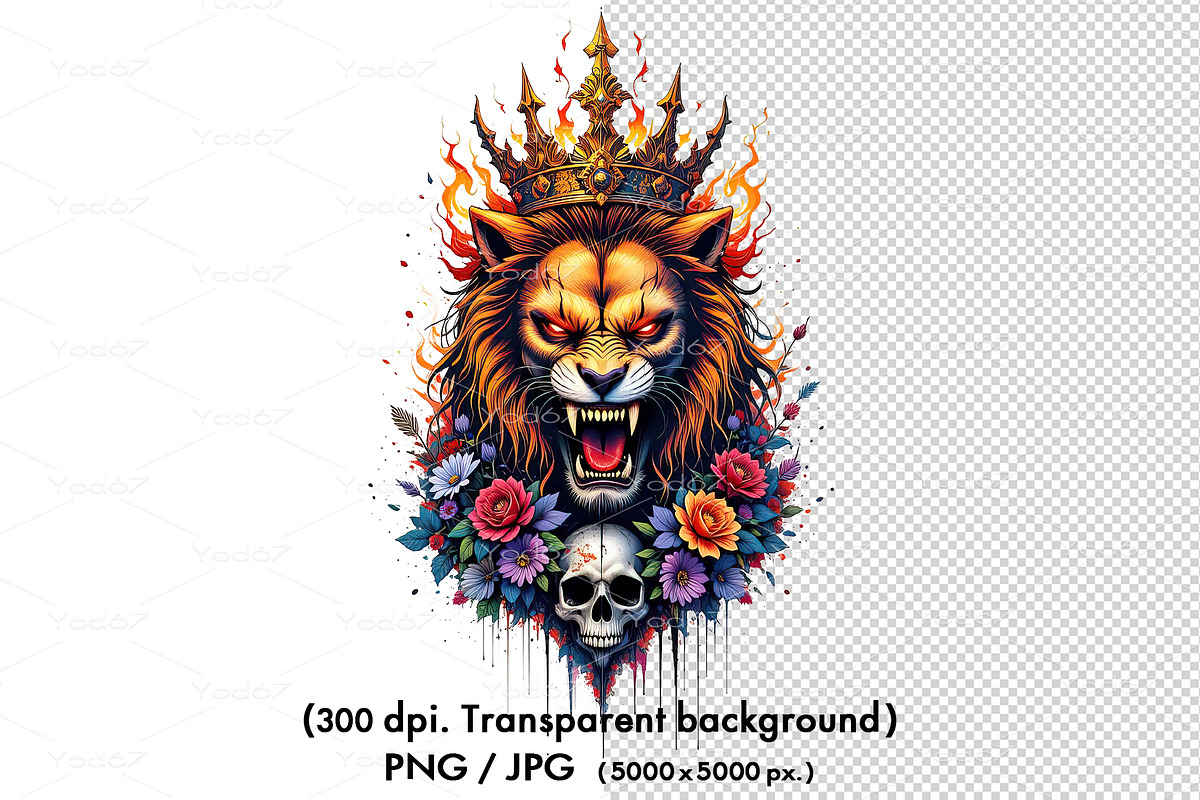 Lion with a skull and flowers, an Animal Illustration by yod67