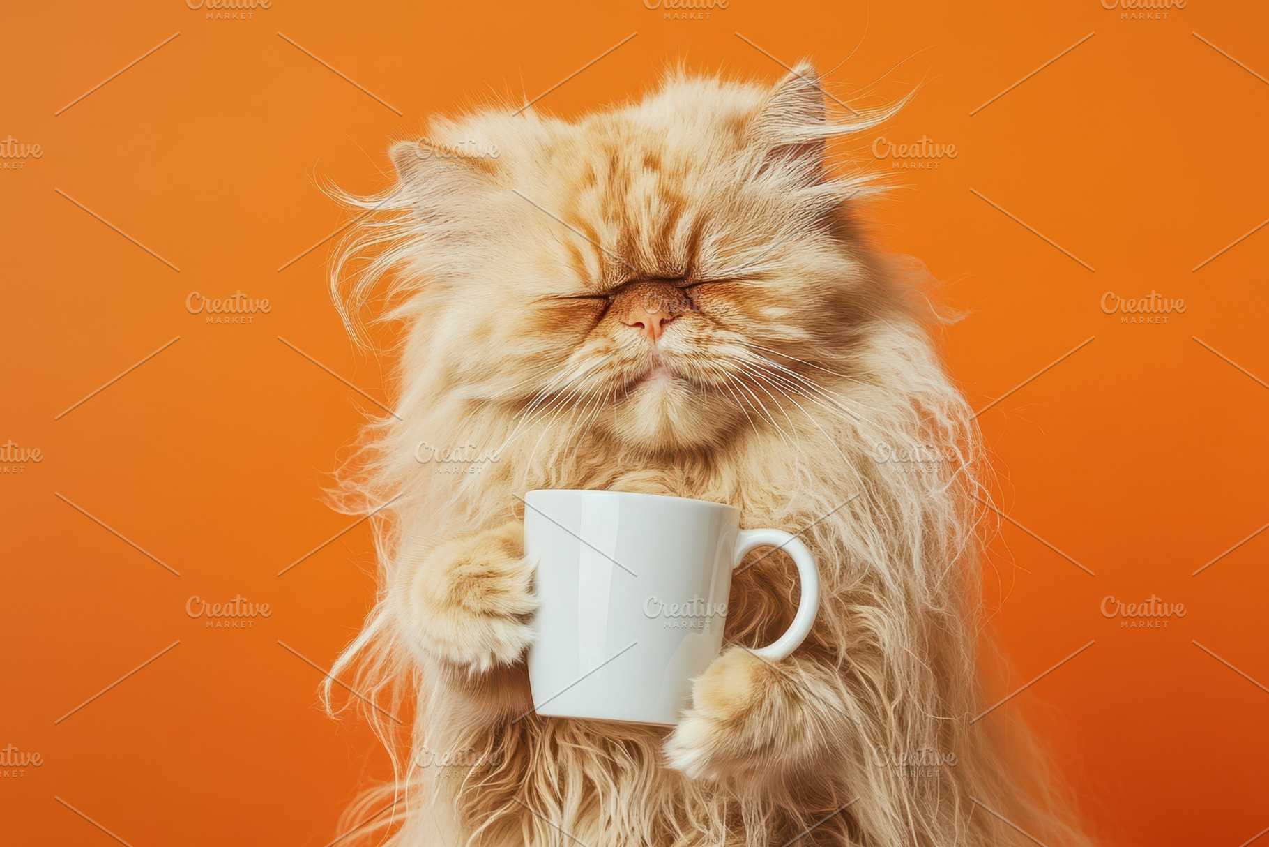 Fluffy Persian cat on an orange back, a Photo by Pavel_design