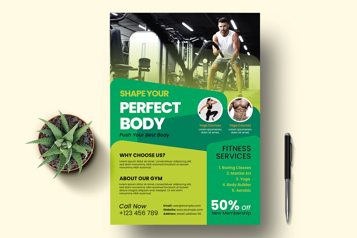Fitness Gym Flyer Design Template, a Flyer Template by MightyDesign (Photo 1 of 6)