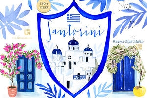 Greece Santorini Watercolor Crest