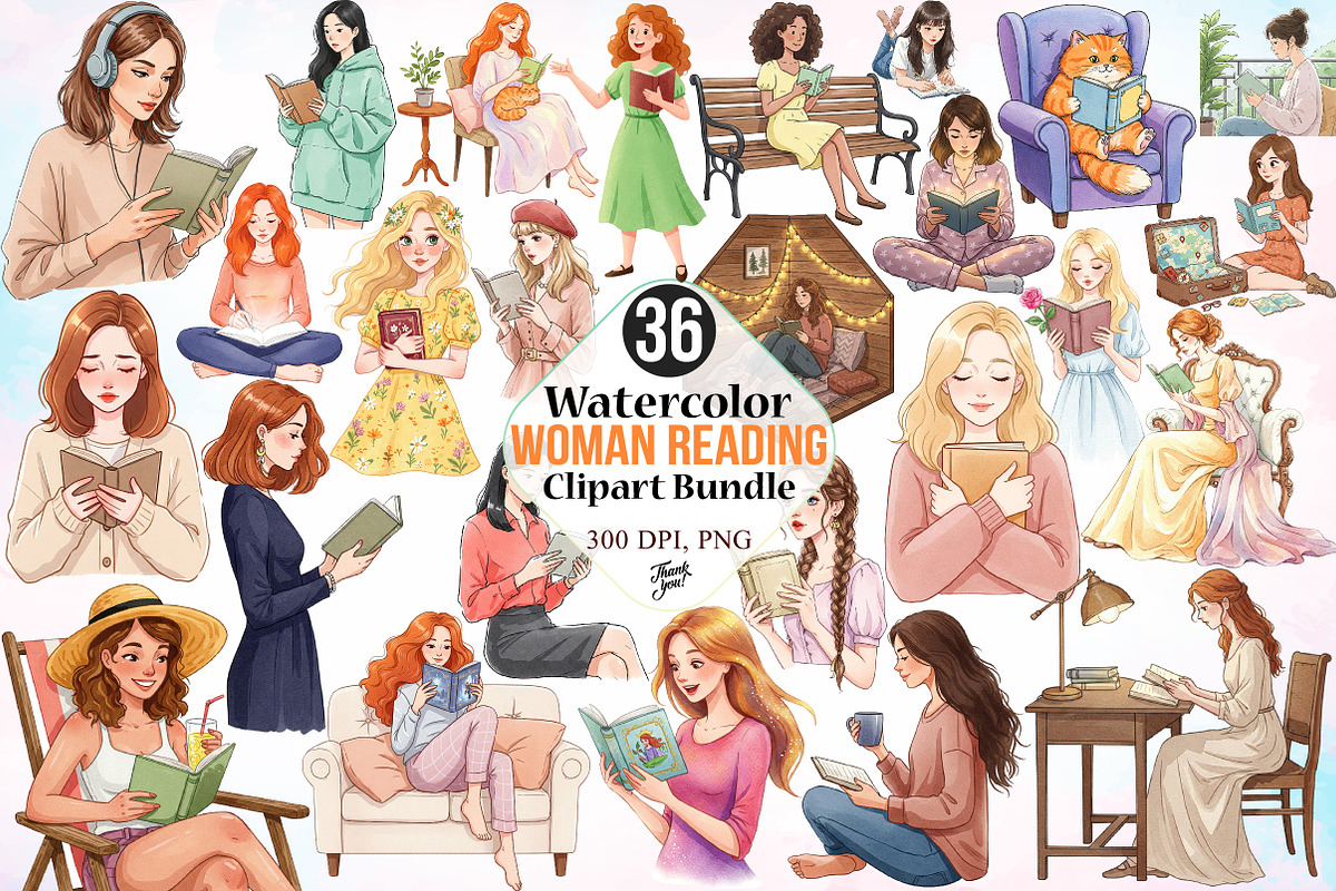 Watercolor Woman Reading Clipart PNG, an Illustration by Canvas Craft (Photo 1 of 5)