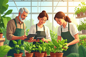 Illustration of horticulturists working in a greenhouse environm, a Work Illustration by DanFLCreativo